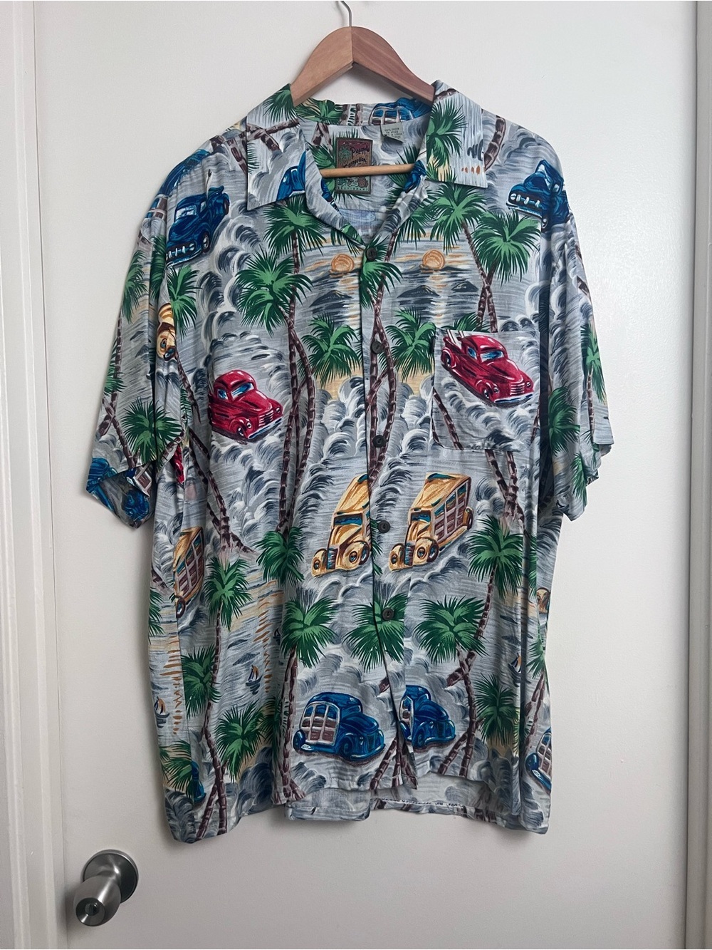 Pineapple Connection Hawaiian Shirt Vintage Cars Woodie Surf Rayon Large